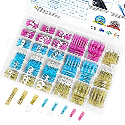 TICONN 400Pcs Heat Shrink Wire Connectors, Waterproof Automotive Marine Electrical Terminals Kit, Crimp Connector Assortment, Ring Fork Spade Butt Splices
