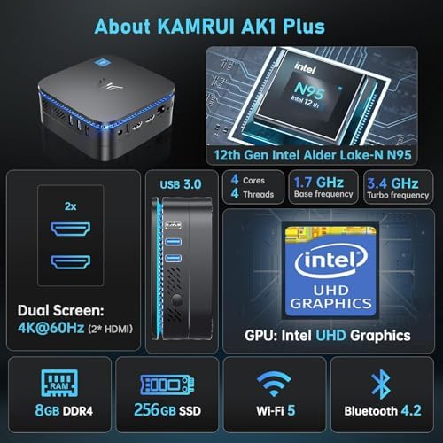 KAMRUI AK1PLUS Mini PC, N95 Processor (up to 3.4GHz), 8GB DDR4 RAM 256GB M.2 SSD, Mini Desktop Computer Support 2.5" SSD, Dual 4K, WiFi, Ethernet for Business, Office, Home
