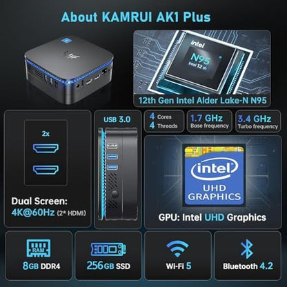 KAMRUI AK1PLUS Mini PC, N95 Processor (up to 3.4GHz), 8GB DDR4 RAM 256GB M.2 SSD, Mini Desktop Computer Support 2.5" SSD, Dual 4K, WiFi, Ethernet for Business, Office, Home