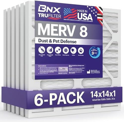 BNX TruFilter 14x14x1 Air Filter MERV 8 (6-Pack) - MADE IN USA – Dust & Pet Defense Pleated Air Conditioner HVAC AC Furnace Filters for Dust, Pet, Mold, Pollen MPR 600 – 700 & FPR 5