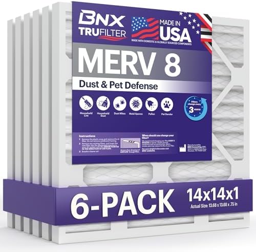 BNX TruFilter 14x14x1 Air Filter MERV 8 (6-Pack) - MADE IN USA – Dust & Pet Defense Pleated Air Conditioner HVAC AC Furnace Filters for Dust, Pet, Mold, Pollen MPR 600 – 700 & FPR 5