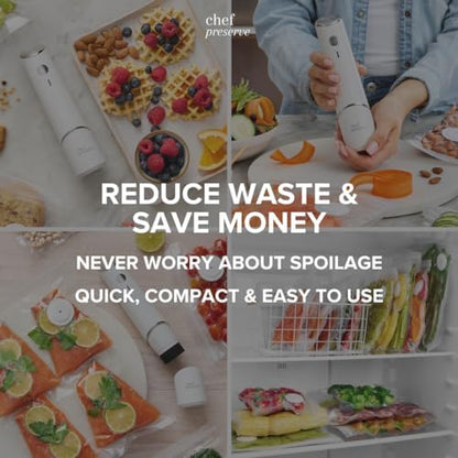 Chef Preserve Compact Vacuum Sealer for Food (Vacuum Sealer Machine + 30 Reusable Vacuum Bags) Powerful Handheld Vacuum Sealer Machine, Seal Meal Saver, Portable Food Sealer