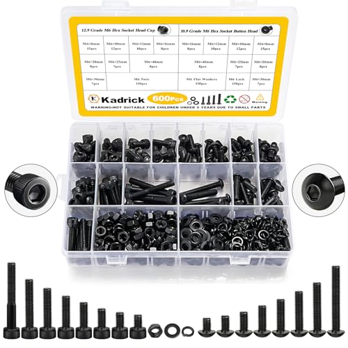 Kadrick Metric Screws Assortment,600 Pcs M6 Screws Nuts Washers Assortment M6x8MM-40MM, Hex Socket Button & Cap Head M6 Machine Bolts Kit, 12.9 & 10.9 Grade Alloy Steel Black