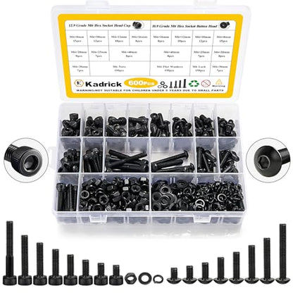 Kadrick Metric Screws Assortment,600 Pcs M6 Screws Nuts Washers Assortment M6x8MM-40MM, Hex Socket Button & Cap Head M6 Machine Bolts Kit, 12.9 & 10.9 Grade Alloy Steel Black