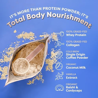 FlavCity Grass Fed Whey Protein Powder - Vanilla Latte - 25g Protein, 10g Collagen & 60mg of Caffeine - Made with Real Vanilla Bean & Organic Coconut - Gluten Free & No Added Sugars (20 Servings)