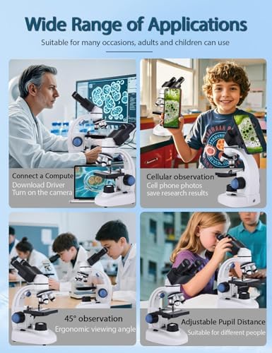 Microscope for Adults WF10x and WF25x eyepieces, 40X-2000X Magnification USB Camera, Microscope for Adults Suitable for Laboratory School Home Education.