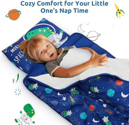 Toddler Nap Mat with Pillow and Blanket, Soft Sleeping Bag for Kids Boys and Girls, Slumber Bags Kids for Preschool, Daycare, Travel, Camping, 54" x 33" Great for Ages 3-6