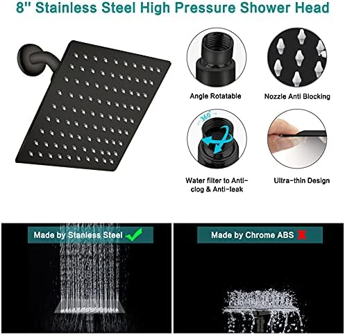 Shower Head, 8‘’ High Pressure Rainfall/Handheld Shower Combo with 11'' Extension Arm, 9 Settings, Anti-leak Shower Head with Holder, Height/Angle Adjustable, Chrome, Matte Black
