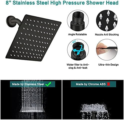 Shower Head, 8‘’ High Pressure Rainfall/Handheld Shower Combo with 11'' Extension Arm, 9 Settings, Anti-leak Shower Head with Holder, Height/Angle Adjustable, Chrome, Matte Black
