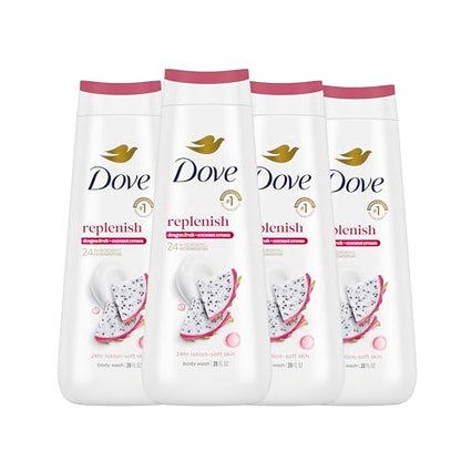 Dove Body Wash 4 Count for 24hr Lotion-Soft Skin Replenish Dragon Fruit and Coconut Cream Moisturizing Skin Cleanser with No Sulfates No Parabens