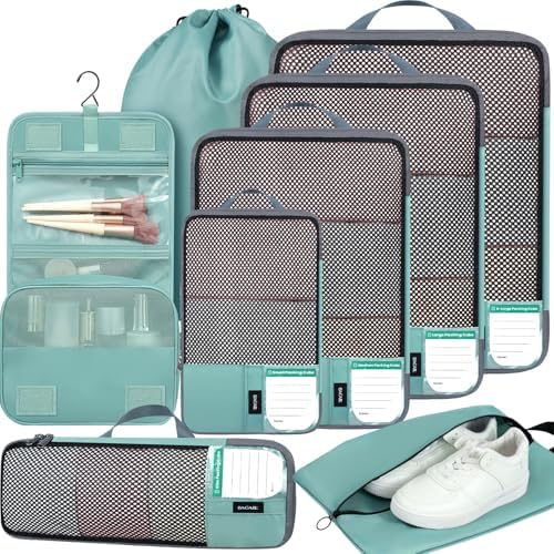 BAGAIL 4 Set/6 Set/8 Set Compression Packing Cubes Travel Accessories Expandable Packing Organizers(HalfMesh,8-DustyBlue)