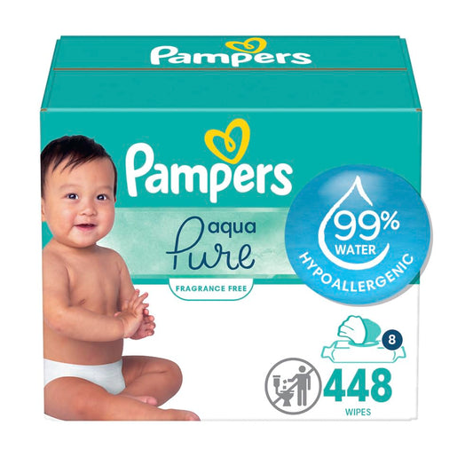 Pampers Baby Wipes Aqua Pure, 99% water-based wipes, Hypoallergenic and Unscented Infant Wipe, 448 Total (8 Flip-Top Packs)