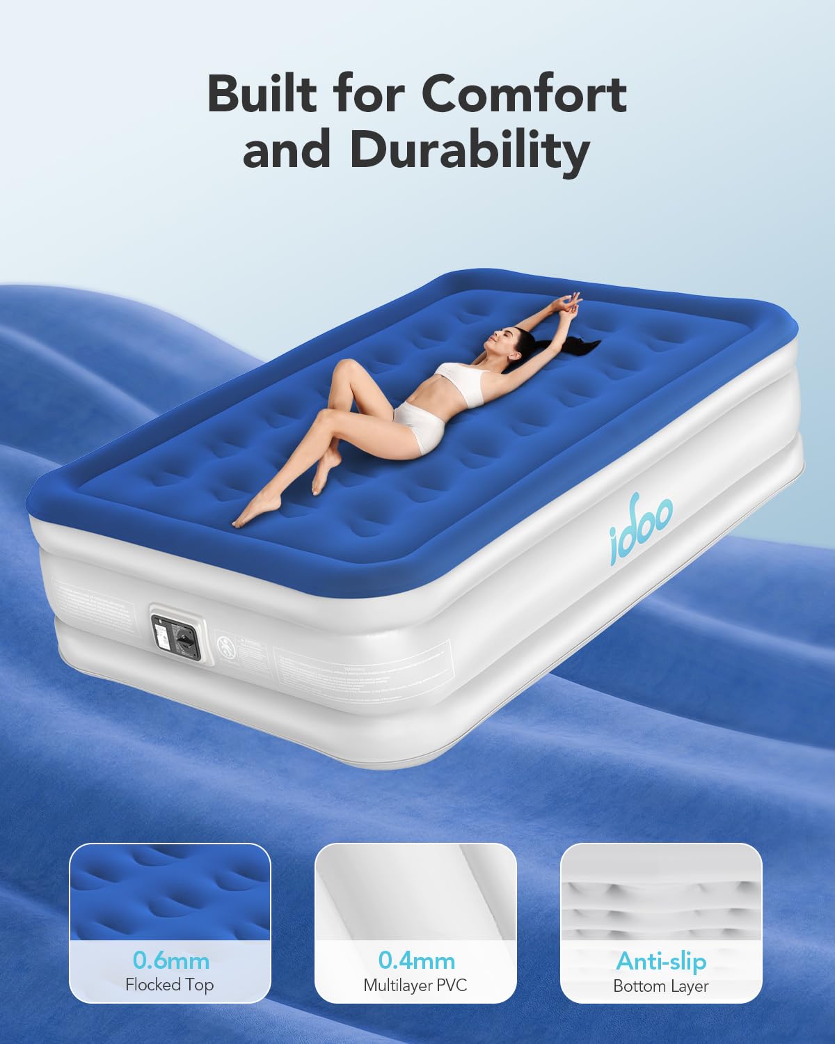 iDOO Air Mattress Full with Built in Pump, Blow up Mattress Full, Inflatable Mattress for Camping, Guest, Home, 3 Mins Inflation, Comfort Colchones Inflables, Air Bed