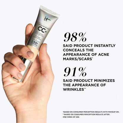 IT Cosmetics CC+ Cream - Full-Coverage Foundation With SPF 50, Color Corrector & Anti-Aging Serum, Formulated With Niacinamide & Hyaluronic Acid, Natural Finish, For All Skin Types, 1.08 fl oz