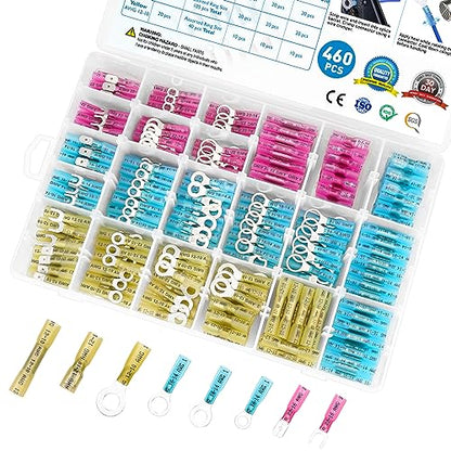 TICONN 460Pcs Heat Shrink Wire Connectors, Waterproof Automotive Marine Electrical Terminals Kit, Crimp Connector Assortment, Ring Fork Spade Butt Splices