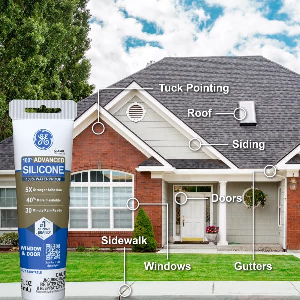 GE Advanced Silicone Caulk for Window & Door, Clear, 2.8 fl oz Tube, 12 Pack - 100% Waterproof Silicone Sealant, 5X Stronger Adhesion, Freeze & Sun Proof