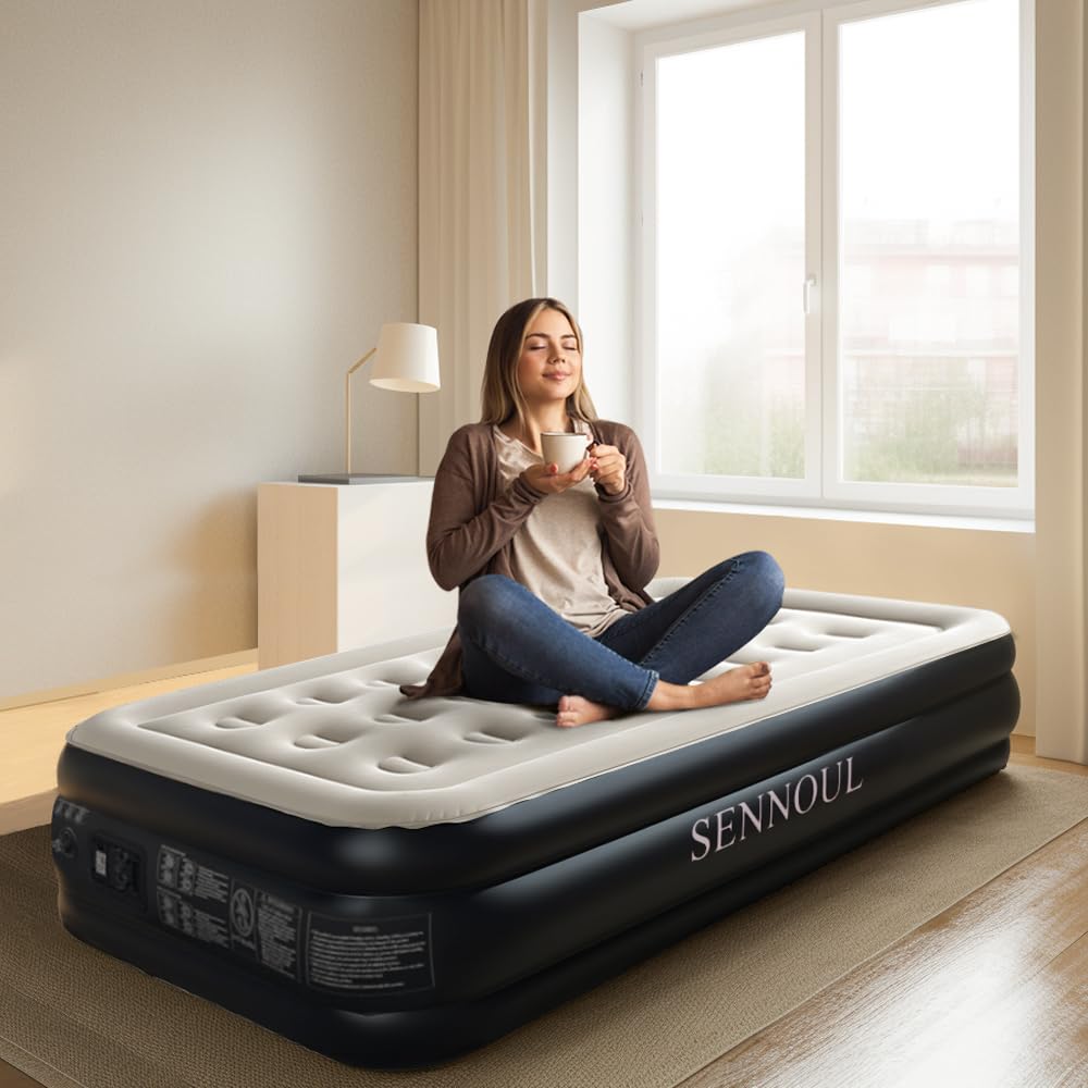 SENNOUL Air Mattress with Built in Pump - Upgraded Twin Blow Up Mattress, 2 Mins Quick Self Inflatable with Double Air Chamber,16"/550lbs Max, Strong Support, for Camping,Home,Guests,Portable Travel