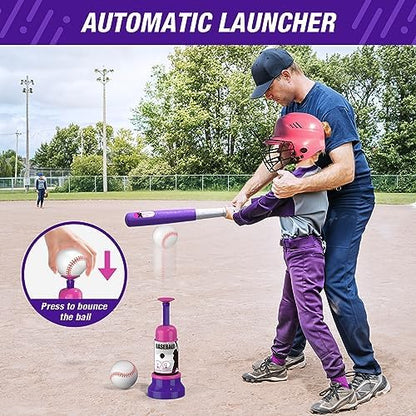 4 in 1 T Ball Sets for Kids 3-5 with Toss and Catch Ball Set, Hanging Tee Stand with Auto Pitching Machine/ 2 Bats, Indoor Outdoor Toys Baseball Gifts for Toddler Boys Girls, Purple