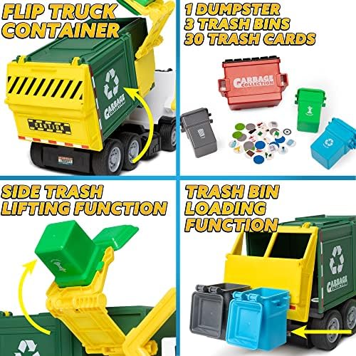 JOYIN Large Friction Powered Garbage Truck Toy Set, Includes Dumpster, Trash Bins, and Learning Cards for Kids, Boy Toys Birthday Gift for Boys Girls Kids Toddler
