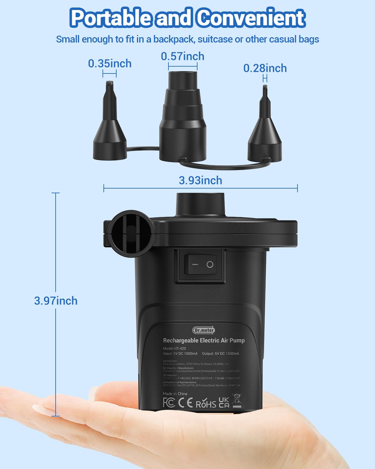 Dr.meter Air Pump for Inflatables, Rechargeable 4000mAh Battery Air Mattress Pump - Portable Quick-Fill Inflator Deflator for Outdoor Camping Inflatable Pool Float Boat Raft Yoga Ball Swim Ring Airbed