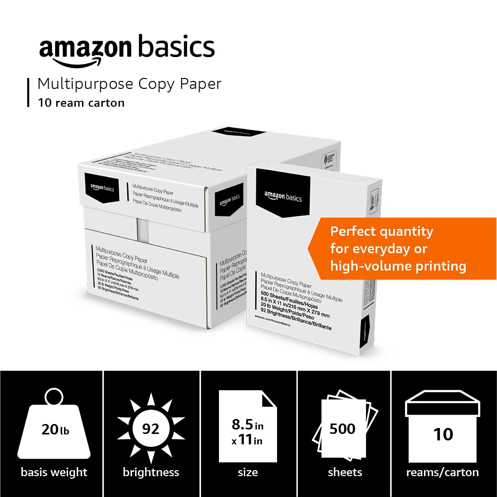 Amazon Basics Multipurpose Copy Printer Paper, 20 lb, 92 Bright, 8.5" x 11" Letter Size, White, 10 Reams, 5000 Sheets