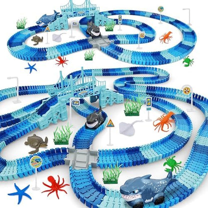 Track Race Car Toys for Kids, Create A Ocean World Race Road, Flexible Tracks Playset & 2PCS Cool Shark Cars, Toddler Toys Birthday Gifts for Age 3 4 5 6 Year Old Boys Girls