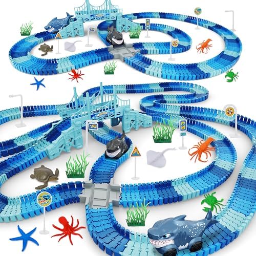 Track Race Car Toys for Kids, Create A Ocean World Race Road, Flexible Tracks Playset & 2PCS Cool Shark Cars, Toddler Toys Birthday Gifts for Age 3 4 5 6 Year Old Boys Girls