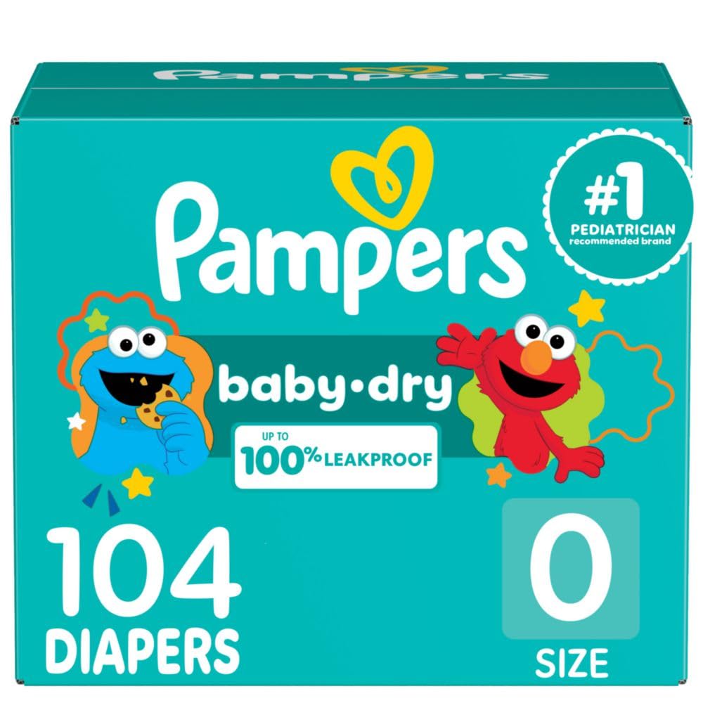 Pampers Diapers - Baby Dry - Size 0, 104 Count, Absorbent Disposable Newbort Diaper (Packaging May Vary)