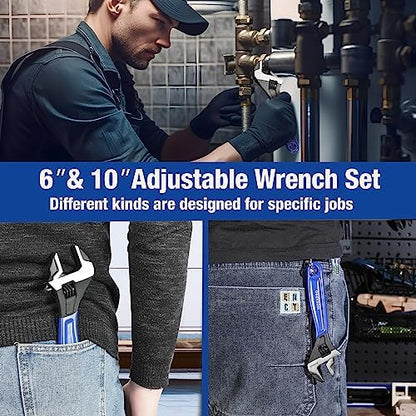 WORKPRO 2-Piece Adjustable Wrench Set, 6-Inch & 10-Inch Wide Jaw Black Oxide Wrench, Cr-V Steel, Metric & SAE Scales, Max Jaw Opening 15/16" & 1-5/16", for Home Repairs, Plumbing, Garage Work