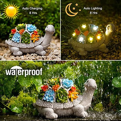 Nacome Solar Garden Outdoor Statues Turtle with Succulent and 7 LED Lights - Lawn Decor Tortoise Statue for Patio, Balcony, Yard Ornament - Unique Housewarming Gifts