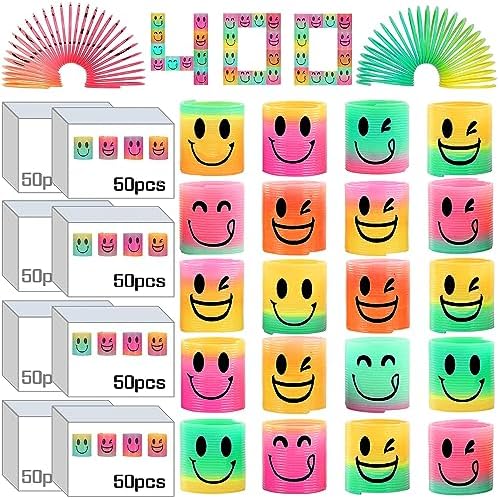 AZEN 400 Pcs Mini Spring (4 Packsges) Party Favors for Kids 3-5 4-8, Goodie Bags Stuffers for Birthday Party, Classroom Prizes Kids Prizes, Small Bulk Toys Gifts (4 Smile)