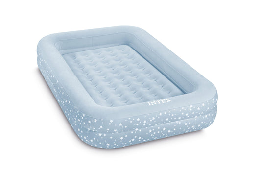 Intex 66810FL Inflatable Kidz Travel Bed Set, Includes Hand Pump and Carry Bag, Removable Mattress, Quick Inflation, Indoor Use, 42in x 66in x 10in, Blue with Star Print Frame