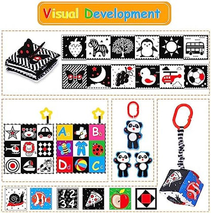 4 PCS Black and White High Contrast Baby Toys 0-3-6 Months Newborn Essential Montessori Toy for Babies Crinkle Sensory Book Brain Development Tummy Time Mirror Infant Carseat Rattle Easter Shower Gift