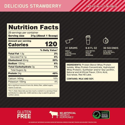 Optimum Nutrition Gold Standard 100% Whey Protein Powder, Delicious Strawberry, 2 Pound (Packaging May Vary)