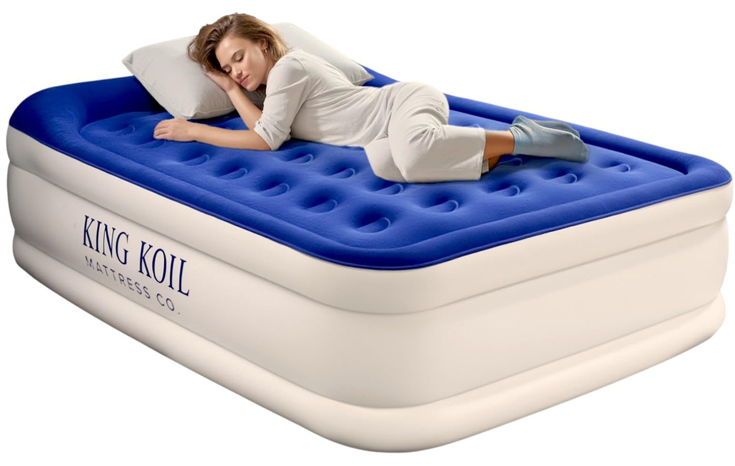 King Koil Luxury Twin Air Mattress with Built-in High Speed Pump for Camping, Home & Guests - Twin Size Double High Airbed Luxury Inflatable Blow Up Mattress Waterproof (1-Year Manufacturer Warranty)