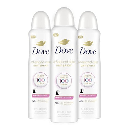 Dove Advanced Care Antiperspirant Deodorant Spray Clear Finish 3 Count Invisible antiperspirant deodorant tested on 100 colors 72-hour odor and sweat protection with Pro-Ceramide technology 3.8 oz