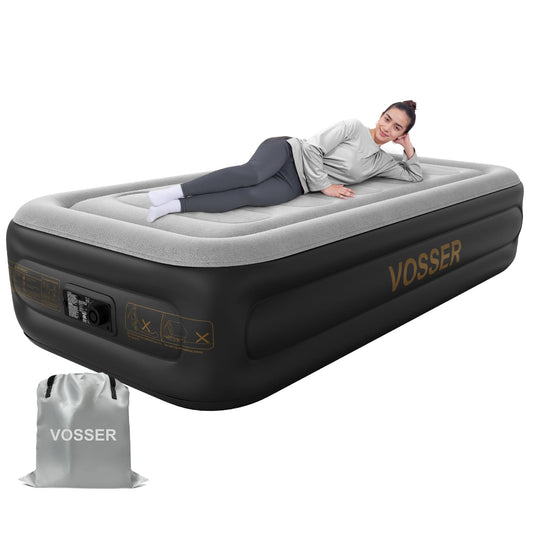 VOSSER Twin Air Mattress with Built in Pump,18''Inflatable Mattress 2 Mins Self-Inflation/Deflation,XL-Long Blow up Mattress Thicker,Flocked Top Air Bed with Storage Bag for Home, Camping & Guests