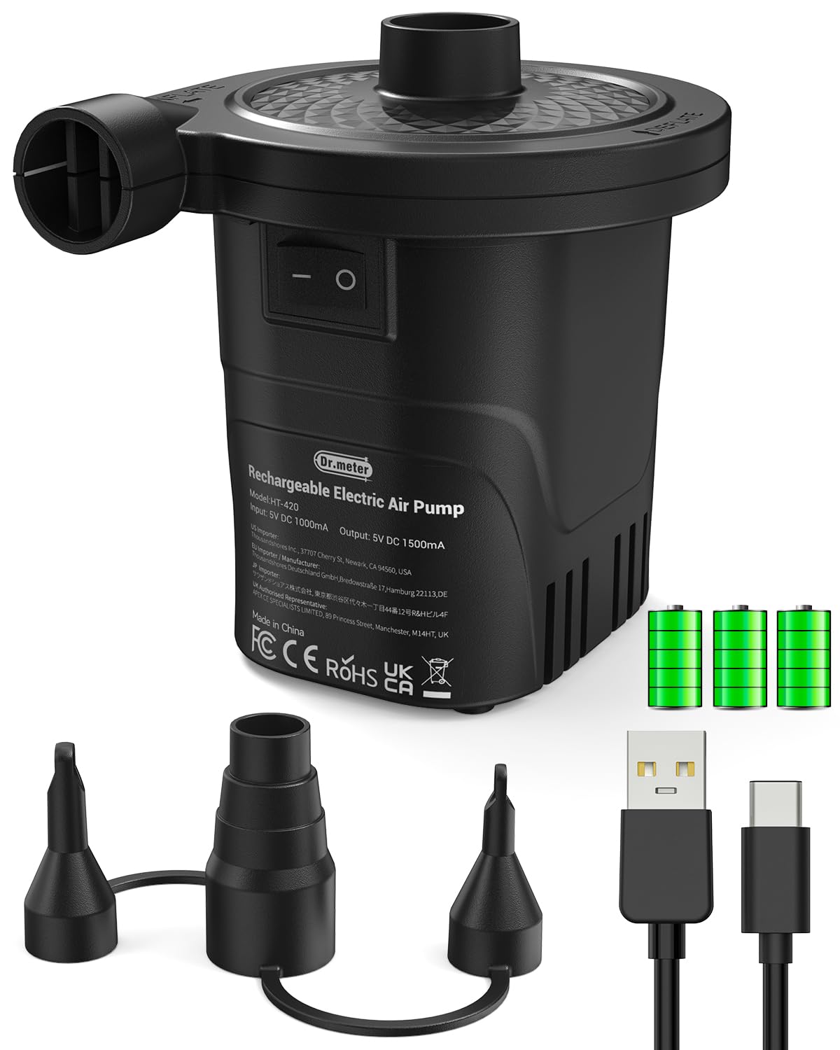 Dr.meter Air Pump for Inflatables, Rechargeable 4000mAh Battery Air Mattress Pump - Portable Quick-Fill Inflator Deflator for Outdoor Camping Inflatable Pool Float Boat Raft Yoga Ball Swim Ring Airbed