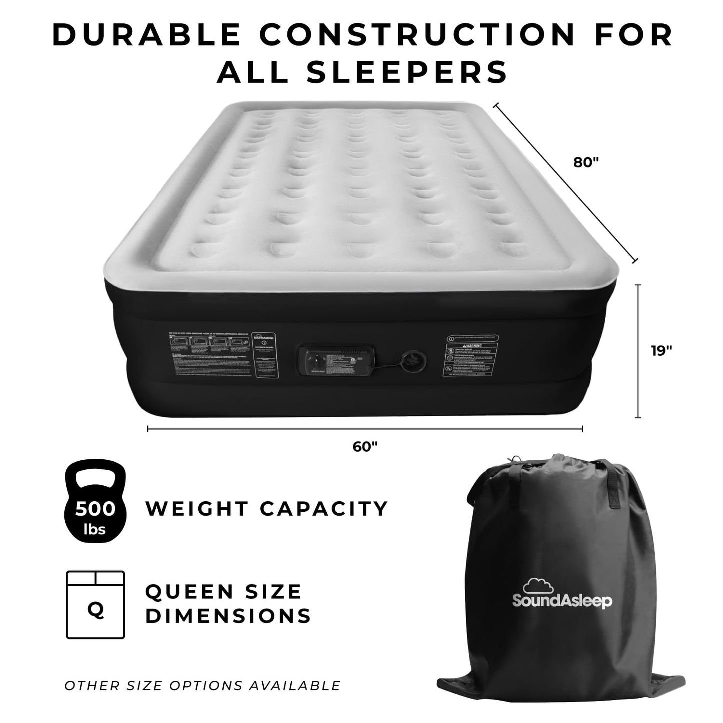 SoundAsleep Dream Series Luxury Air Mattress with ComfortCoil Technology & Built-in High Capacity Pump for Home & Camping- Double Height, Adjustable, Inflatable Blow Up, Portable - Queen Size