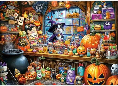 Halloween Witch Cat 1000 Piece Puzzle for Adults Halloween Candy Store Jigsaw Puzzle Spooky Treats Scene Challenging Impossible Puzzle Fun Games for Adults & Family Game Night