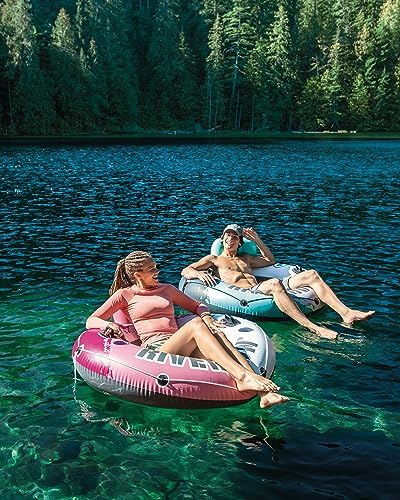 INTEX 58824EP River Run 1 Inflatable Floating Lounge: Comfortable Backrest – Built-in Cup Holders – Durable Grab Handles – All Around Grab Rope – 220lb Weight Capacity – Pink