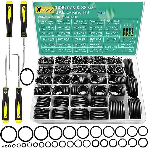32 Size SAE O Ring Assortment Kit 1086 Pcs Standard Buna-N Rubber O'ring Set with 4 Pick & Hook for Automotive Hydraulic Faucet Plumbing Sealing Repair ID:1/8-2 Inch