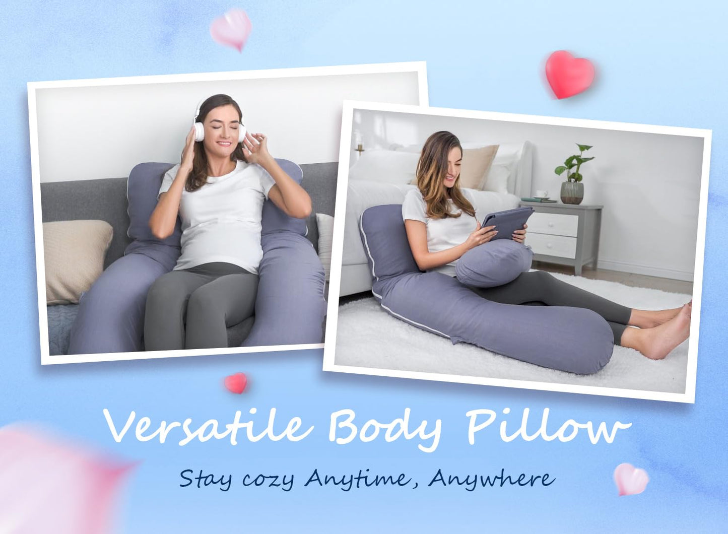 QUEEN ROSE Pregnancy Pillow, U Shaped Full Body Pillows for Sleeping Support, 55 Inch Maternity Pillow for Pregnant Women with Cooling Silky Cover, Blue