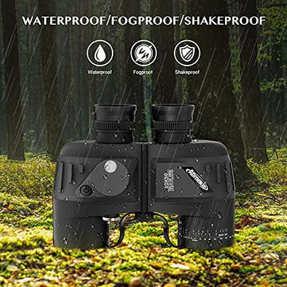 Aomekie 10x50 Binoculars for Adults Marine Military Binoculars Waterproof with Rangefinder Compass BAK4 Prism FMC Lens for Birdwatching Hunting Boating (10X50 Black)
