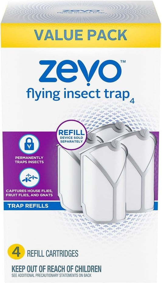Zevo Flying Insect Trap Refill Cartridges | Catches Flying Insects Permanently with Trap + Lock Technology - 4 Refill Cartridges