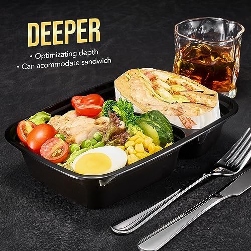 Glotoch 50 Pack 32oz 2 Compartment Meal Prep Container Microwave Safe, Food Prep Containers With Lids For Lunch/Deli/Takeout/Leftover, BPA-Free Freezer & Dishwasher Safe, Black