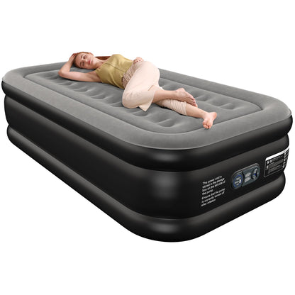 Ezyrest Air Mattress 18", Twin Air Bed with Soft Flocked Top and Portable Carry Bag, Twin Air Mattress with Built in Pump Raised for Guest, Office, Camping (Black)