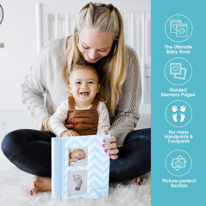 Pearhead Baby Memory Book, First 5 Years Baby Milestone Book, Pregnancy Journal, Gender Neutral Newborn Keepsake, With Clean-Touch Ink Pad For Baby's Handprint or Footprint, Blue Chevron