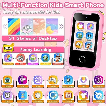 Kids Phone for Girls Toys, Gifts for 3 4 5 6 7 8 9 Year Old Girls Boys Christmas Birthday Kids Toys, Touchscreen Toddler Learning Cell Toy Phone with Dual Camera, Game, Music Player, 8GB Card Pink