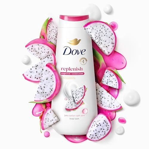 Dove Body Wash 4 Count for 24hr Lotion-Soft Skin Replenish Dragon Fruit and Coconut Cream Moisturizing Skin Cleanser with No Sulfates No Parabens